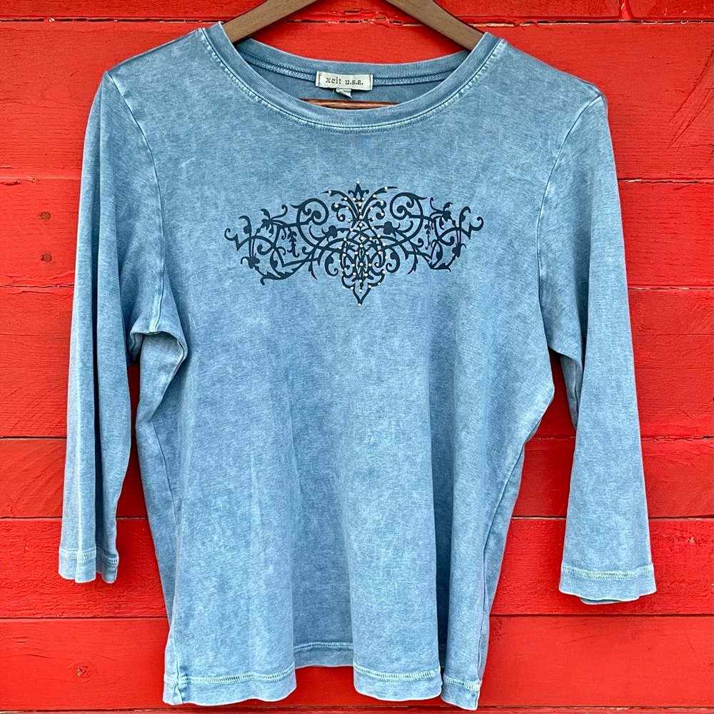 Xcit USA cotton acid wash 3/4 sleeve crew neck top